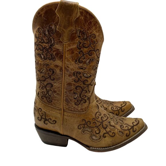 Jar Boot's Made in Mexico Tan Leather Cut-Out/Embroidery Snip Toe boots Girl 1 - Picture 3 of 14